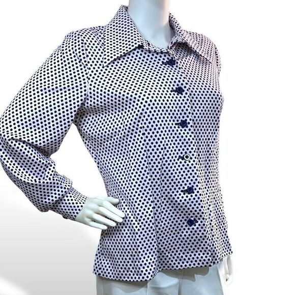 70’s Vintage White & Navy Dot Polyester Button Down Long Sleeve Shirt Top XL 16 - Picture 8 of 8